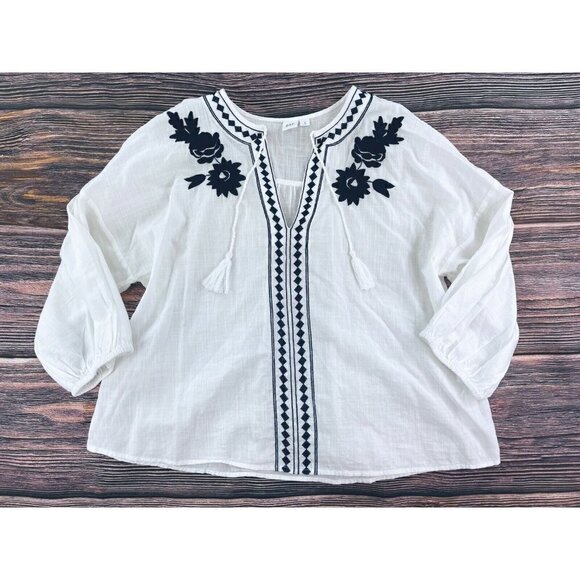 GAP Womens Sz S White Floral Embroidered Tunic Peasant Top Tassel Oversized Blue - Picture 3 of 11